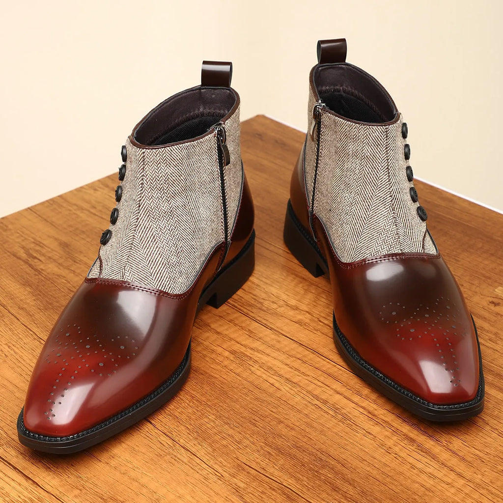 Men's brown retro-style formal leather shoes with side zipper and square toe on a white background.