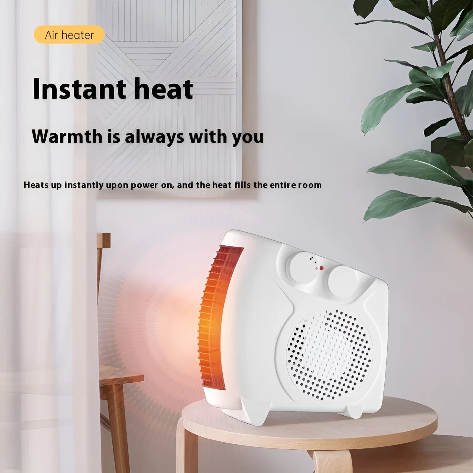White vertical desktop electric heater with control dials, shown on a wooden desk.