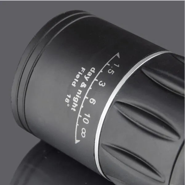 Black 16x52 high-power monocular telescope showing eyepiece and objective lens