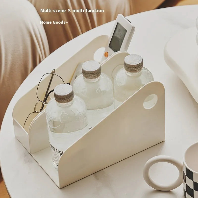 Two-tier white plastic desktop storage box with grid shelves for organising stationery and documents.