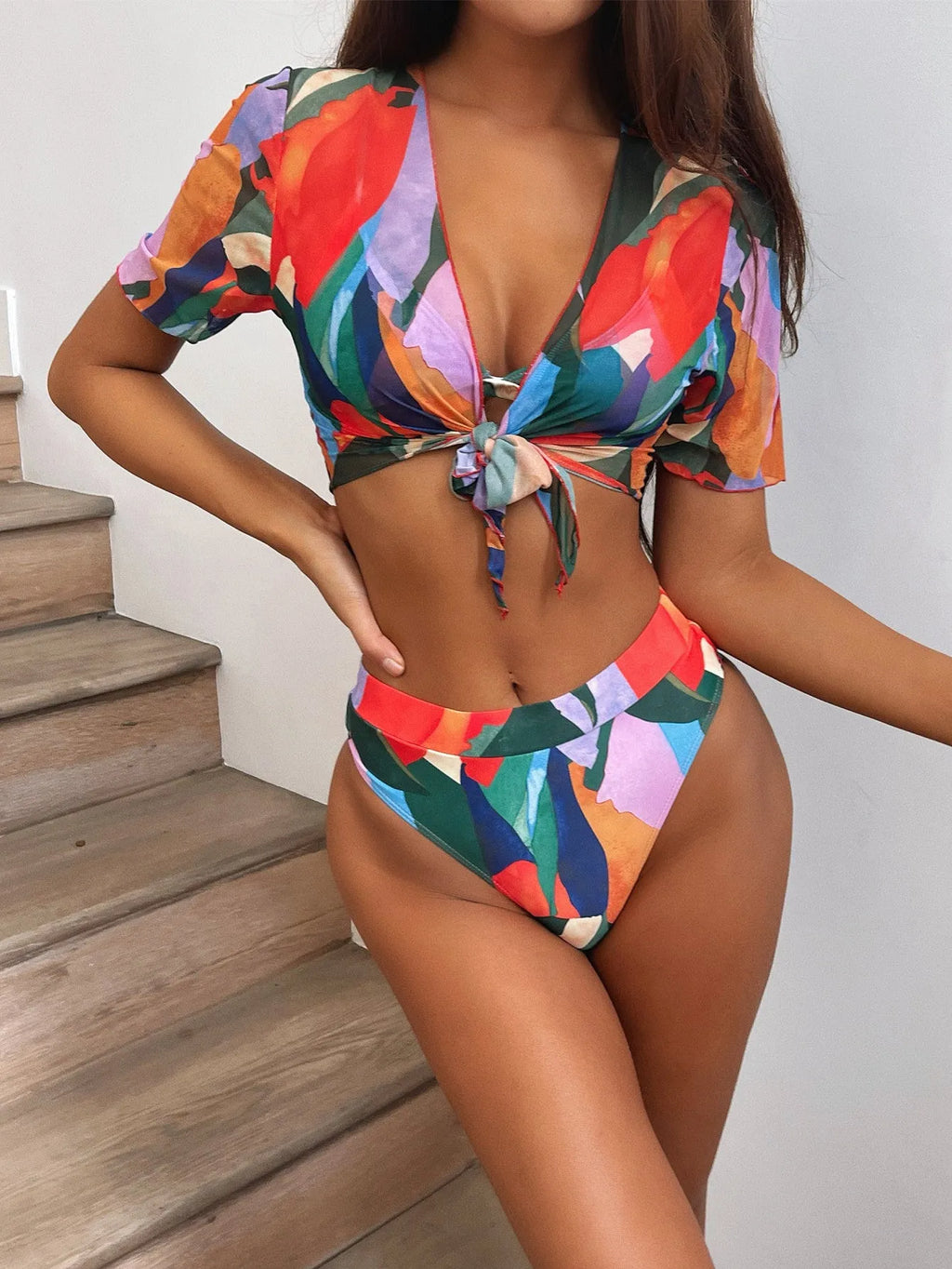 Red printed women's split swimsuit with nylon fabric for swimming and surfing