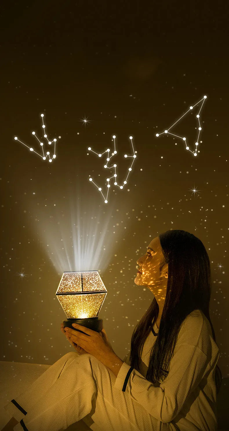 Children's rotating stars LED night light projecting coloured starlight on a wall.