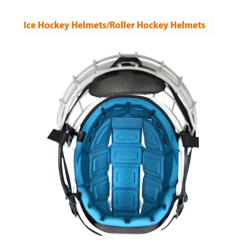 Ice hockey helmet with a carbon steel face mask, shown in size options S, M, L, XL.