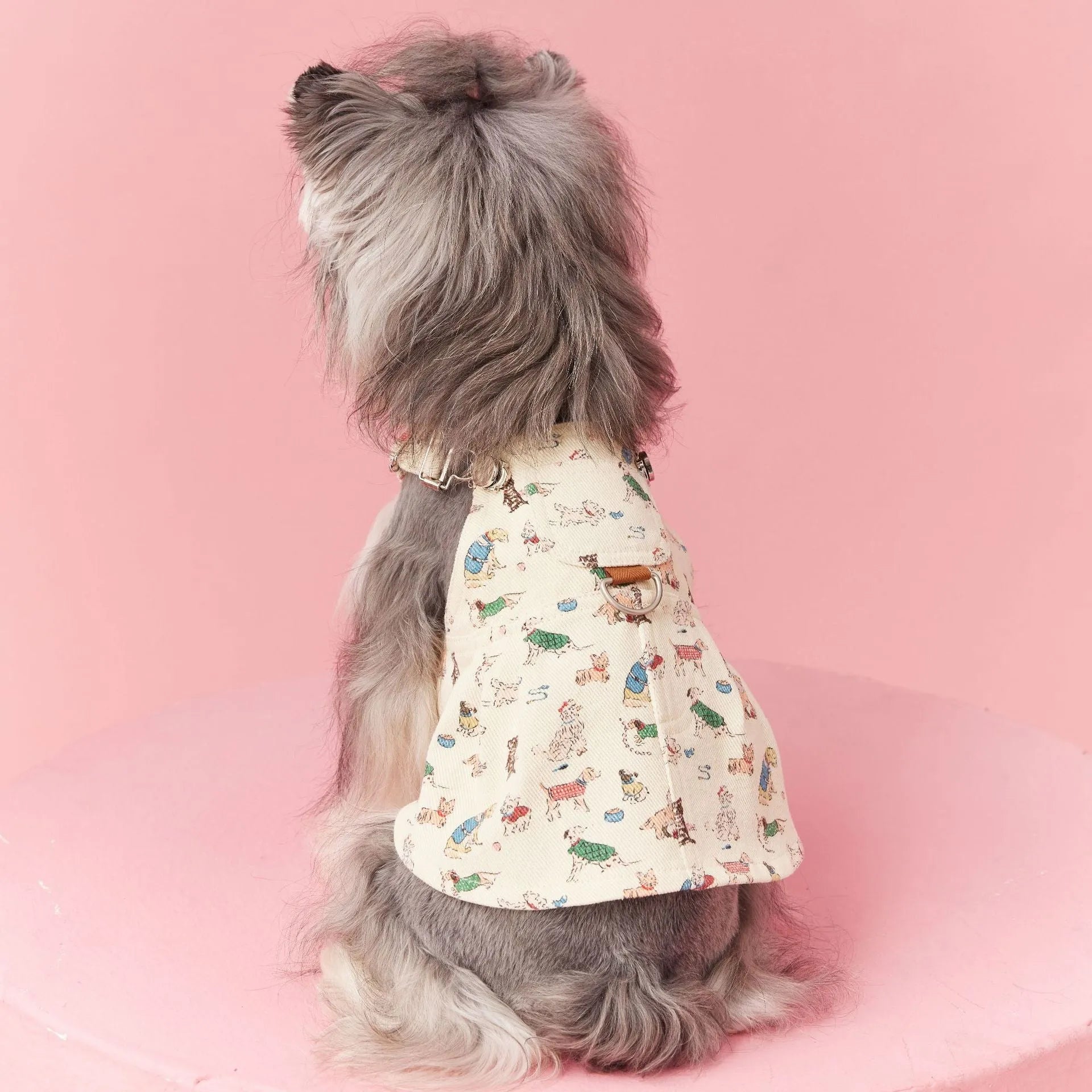 Beige cotton denim suspender skirt for small dogs, size M, on a white background