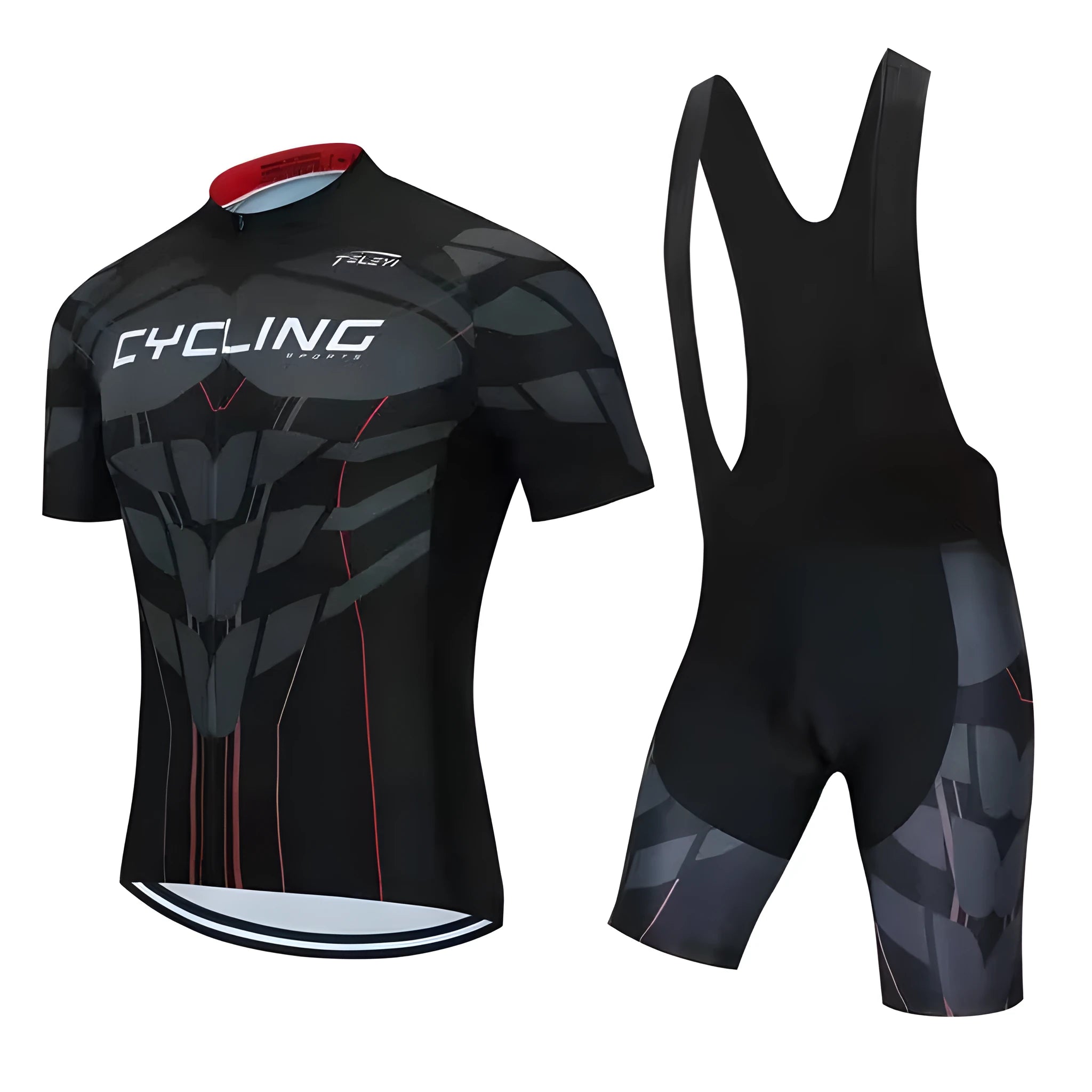 Cycling jersey and pants set in a colour-block style for summer mountain and road bike riding.