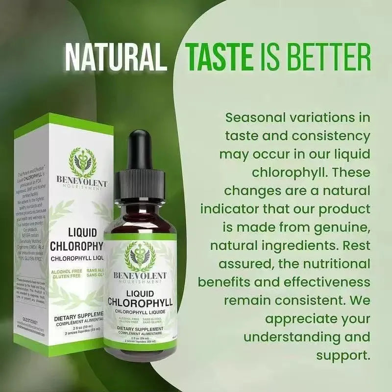 60ml bottle of natural liquid chlorophyll drops for adults with integrated dropper.