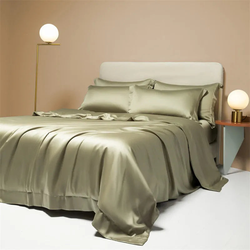 Luxury Tencel Lyocell bedding set with quilt cover, sheet, and pillowcases in grey.