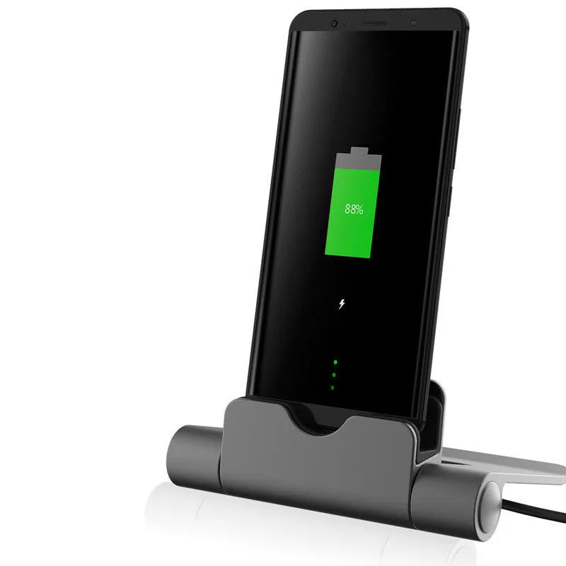 WQ26 desktop charger stand for mobile phones in black, compatible with iPhone, MicroV8, and Type C cables