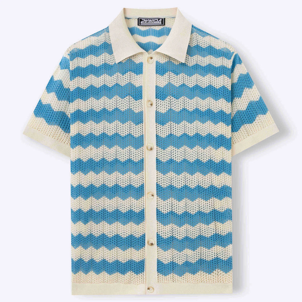 Short-sleeved yellow corrugated sweater with a hollow jacquard texture on a hanger.