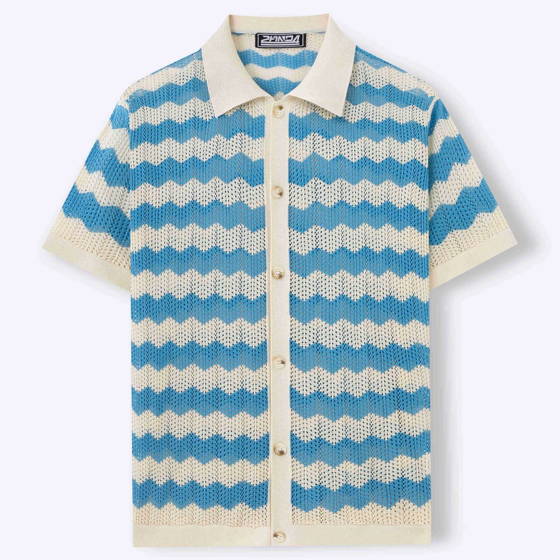 Short-sleeved yellow corrugated sweater with a hollow jacquard texture on a hanger.