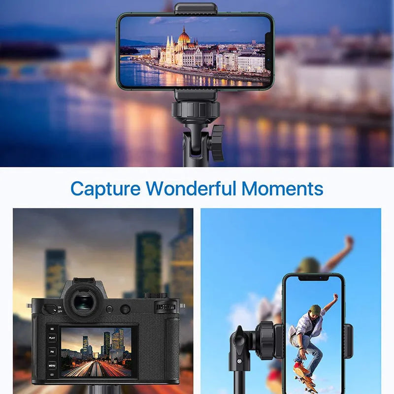 Black aluminium selfie stick tripod extended to different heights with iPhone mounted