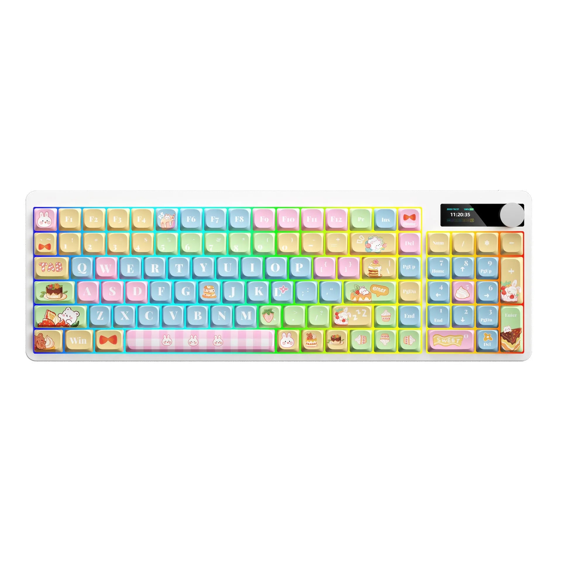 Black mechanical keyboard with RGB backlight showing candy planet red axis colour option