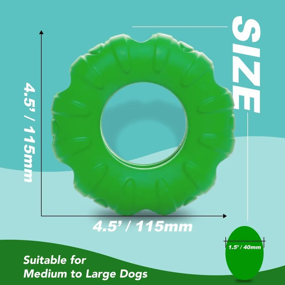 Blue natural rubber tyre-shaped dog chew toy with six oval openings, shown next to a red and green version.