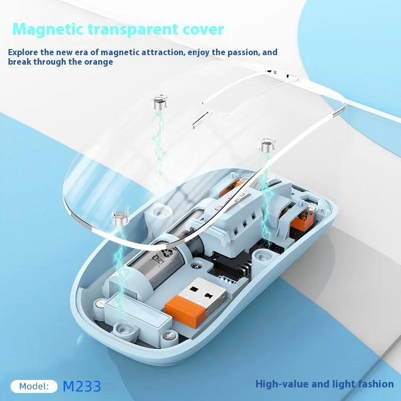 Transparent wireless mouse with USB receiver showing internal components