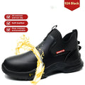 Men's black high-cut waterproof work shoes with microfibre leather upper and rubber sole for chef and industrial use