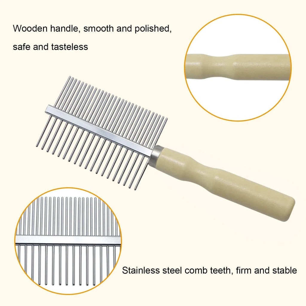 Wooden handle pet grooming comb for dogs and cats with rounded needles