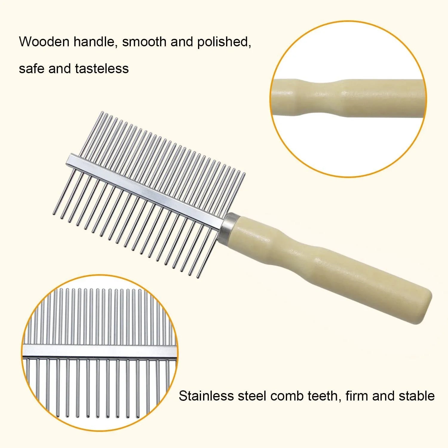 Wooden handle pet grooming comb for dogs and cats with rounded needles