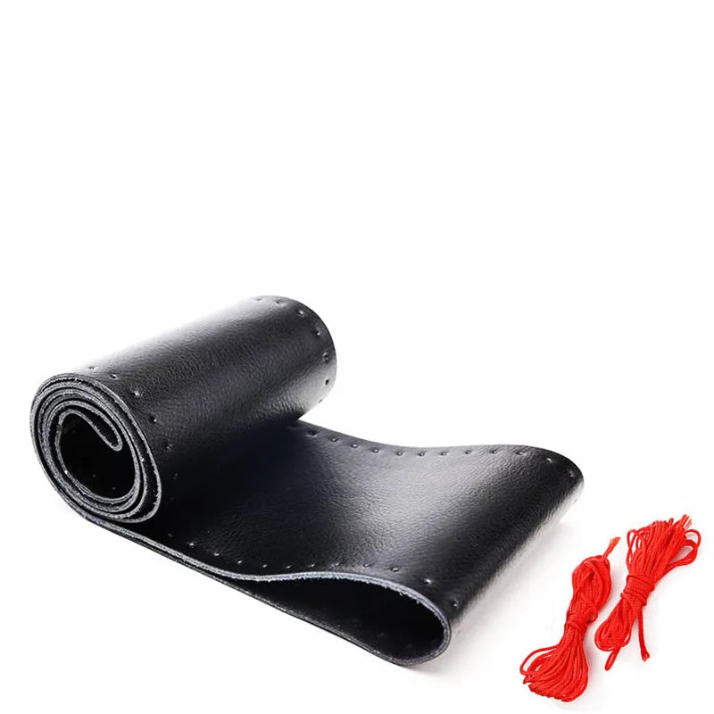 Hand-sewn genuine leather steering wheel cover in black for 38cm diameter steering wheel