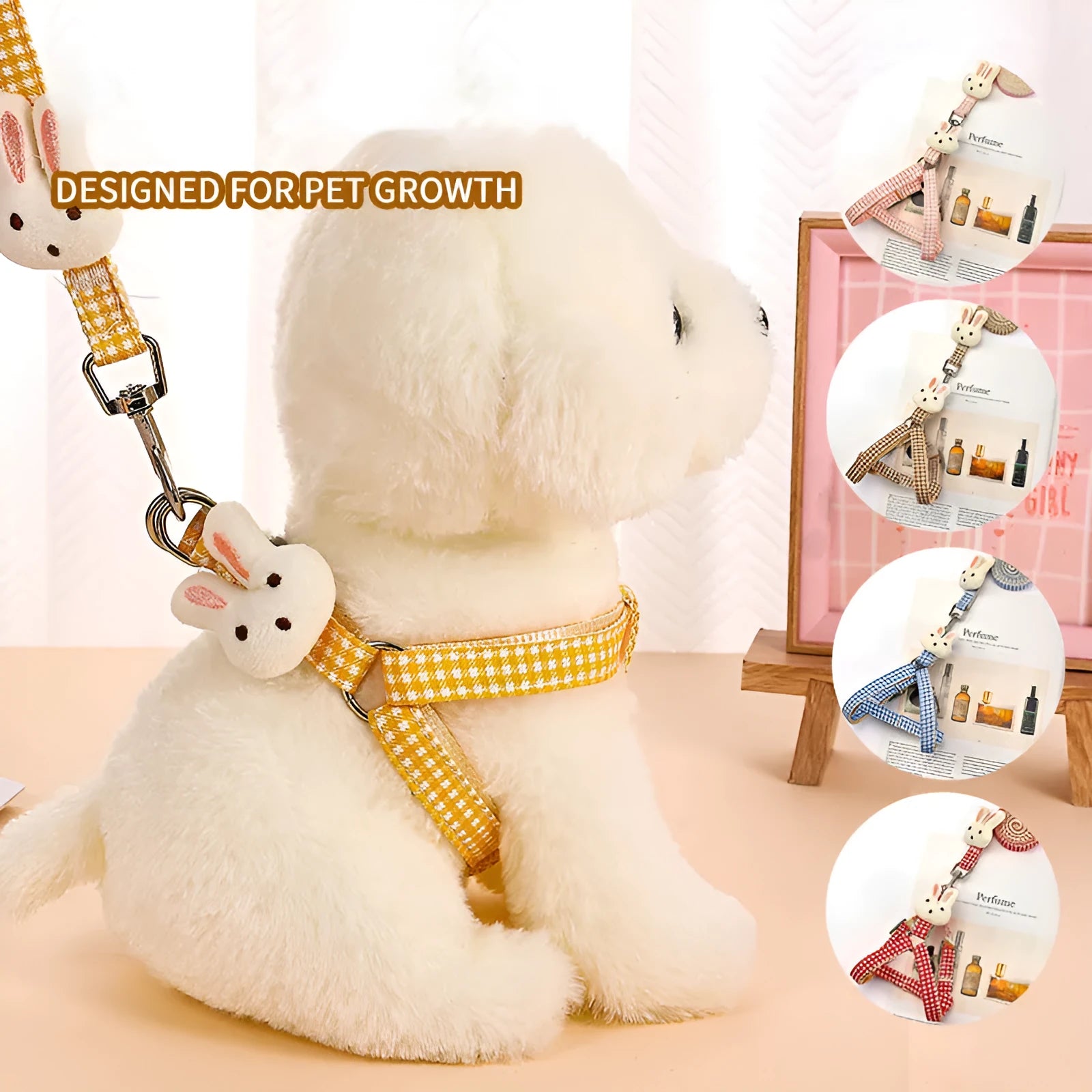 Small dog and cat harness leash set with quick-release buckle in assorted colours.