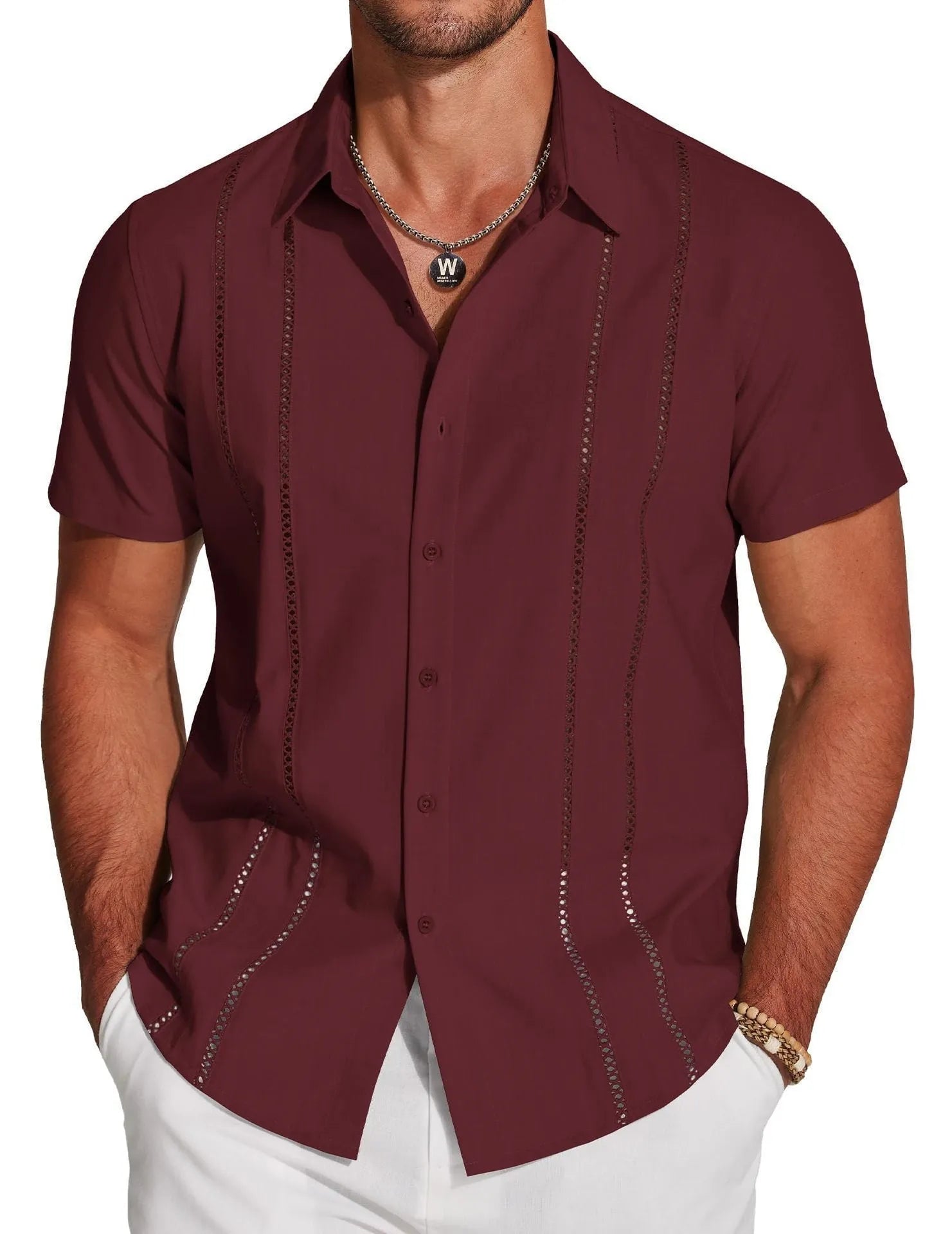 Men's slim-fit elastic Hawaiian shirt with digital print pattern in casual cardigan style
