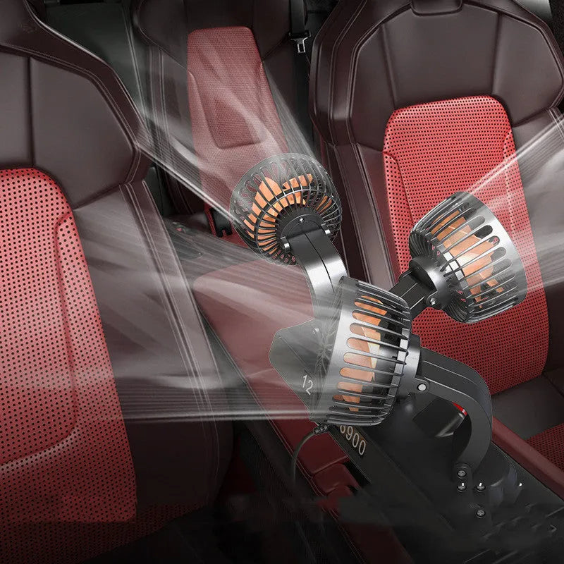 Three-head 12V 24V automotive electric cooling fan with cigarette lighter and USB plugs on a 1.3m cable.