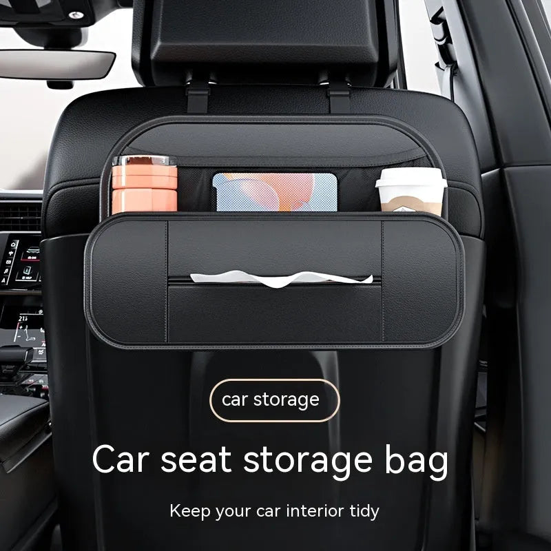 Black leather car seat back storage bag with organisable pockets for vehicle use.