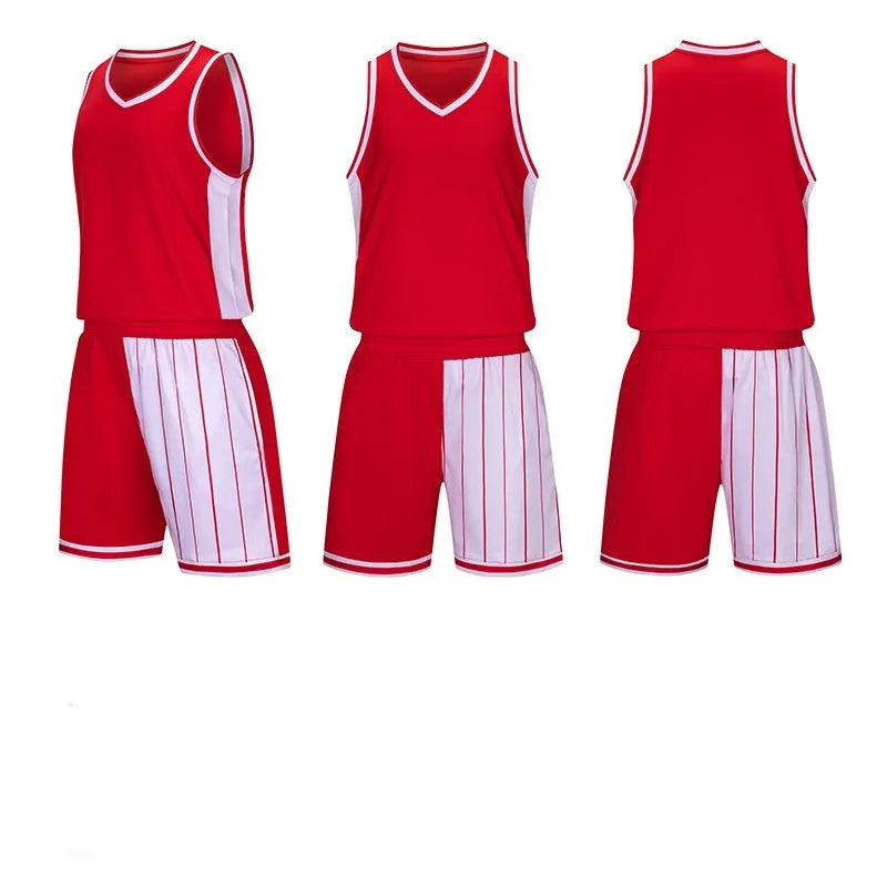 Men's basketball uniform set showing quick-dry top and shorts in blue, sizes M to 6XL.