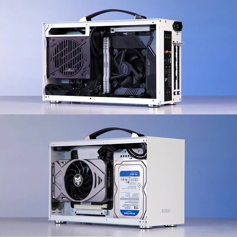 Hummingbird PRO compact ITX desktop PC chassis in titanium grey or white.