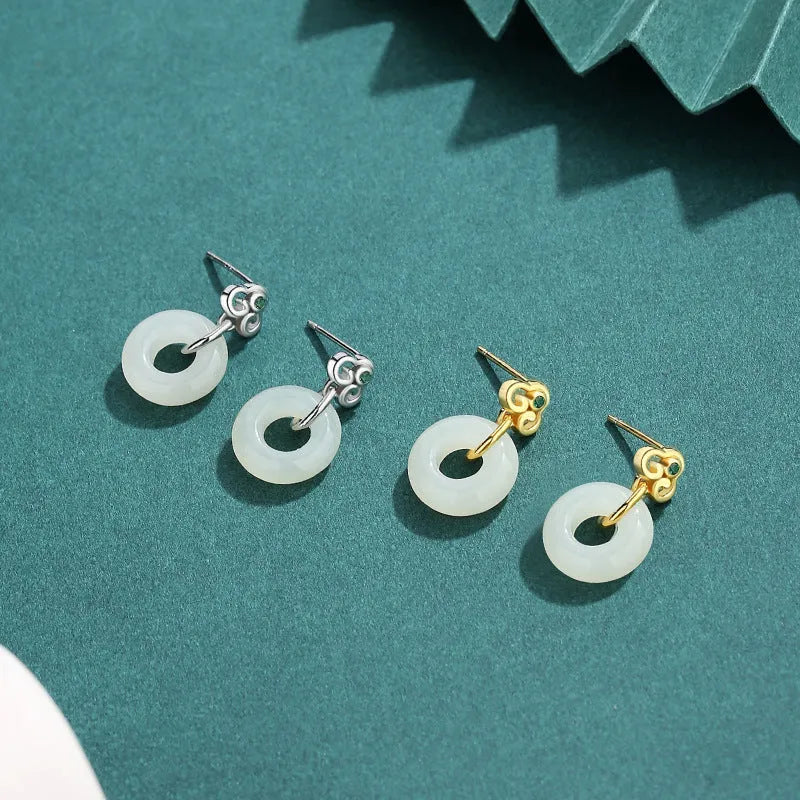Chinese Ruyi safety buckle earrings in S925 sterling silver with natural Hetian jade, geometric national fashion style