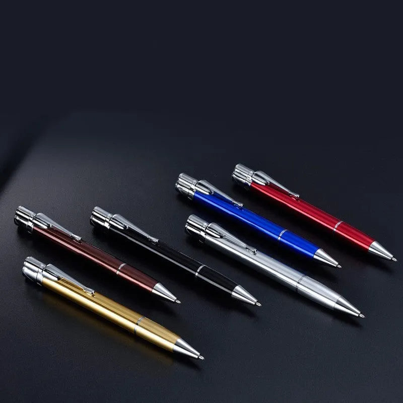 Metal windproof pen lighter showing jet flame, available in black blue red rose red silver yellow colours