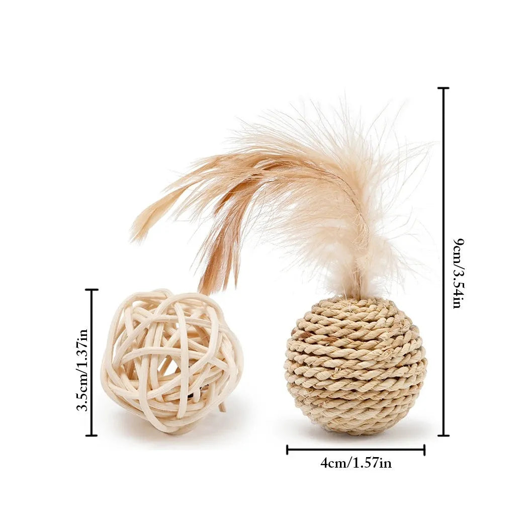 Cat toy set with rattan ball and faux feather ball in primary colours for feline play
