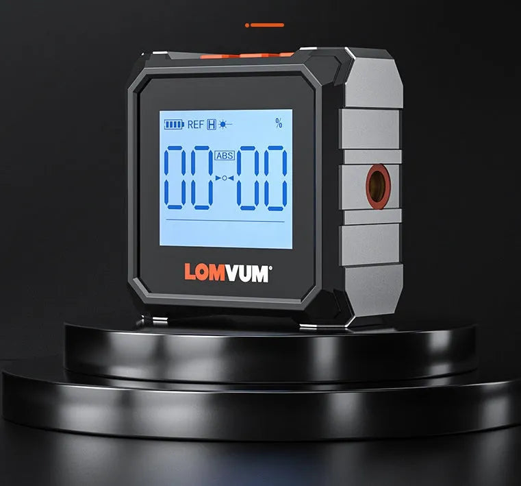 Digital laser infrared inclinometer with alloy casing and backlit display on a metal surface.