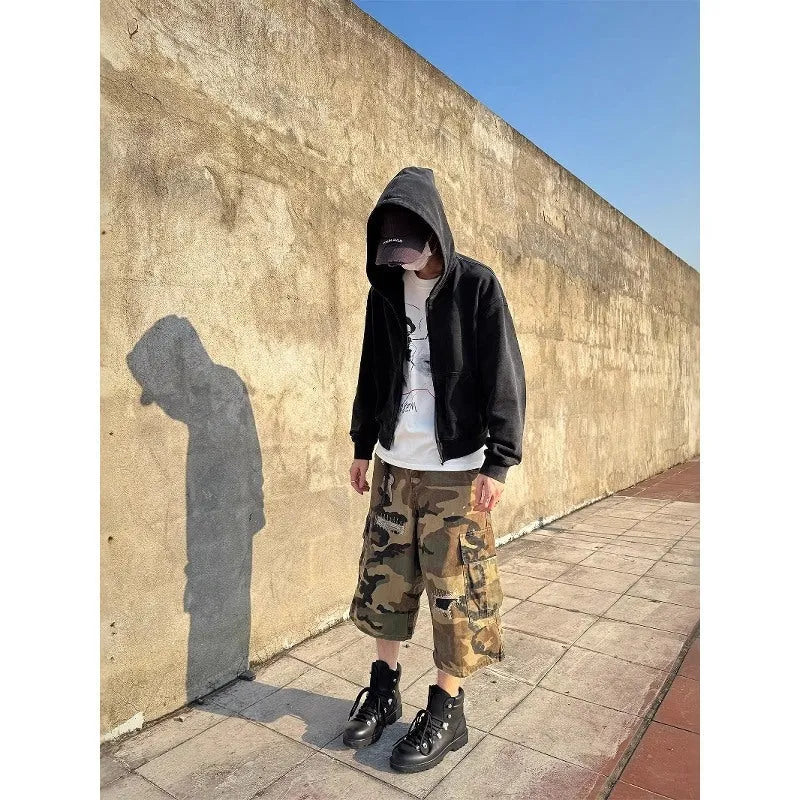 Men's camouflage cropped jeans with retro patch ripped detailing and straight-leg fit