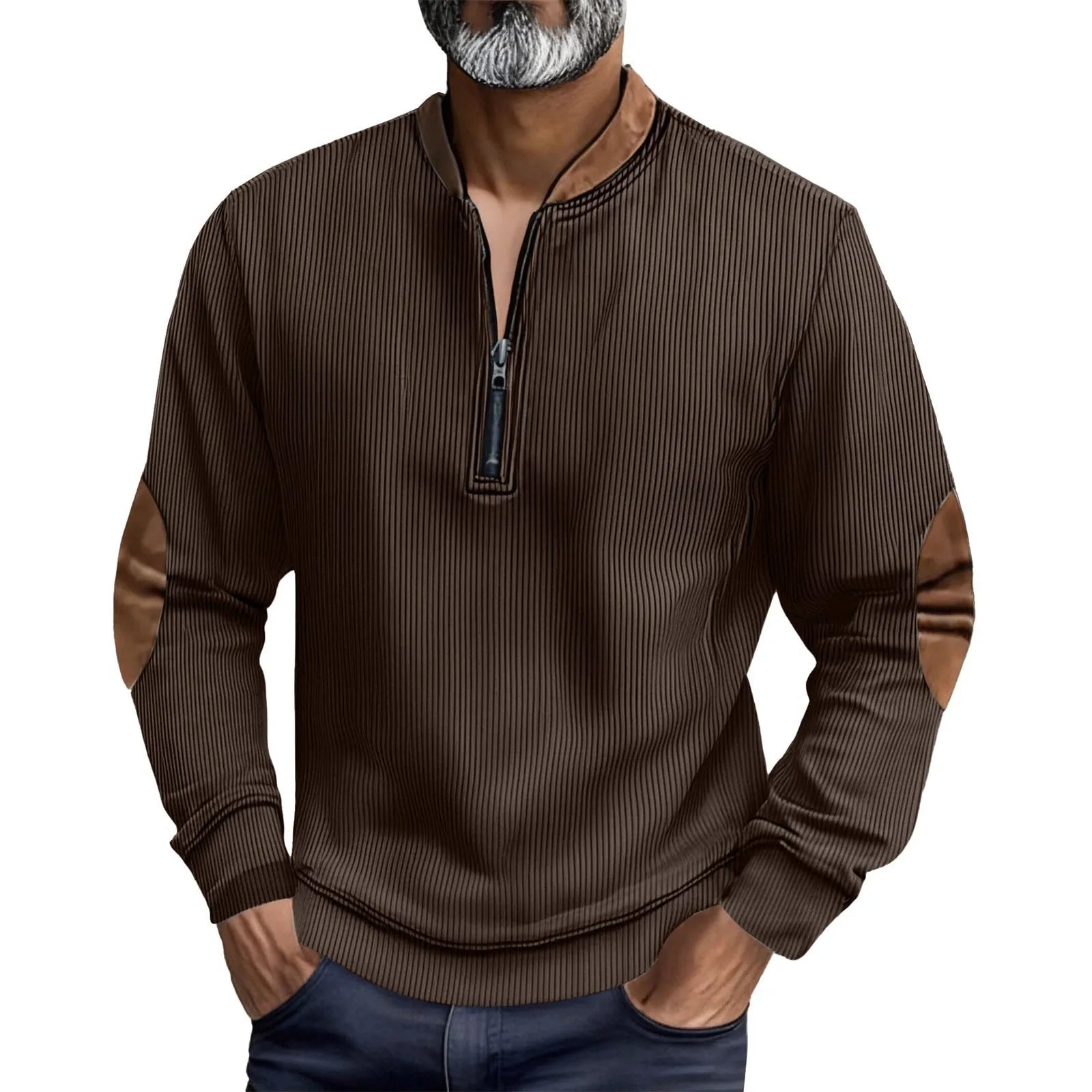Men's casual corduroy pullover zip-up jacket shirt in khaki, no hood, long sleeves, front view