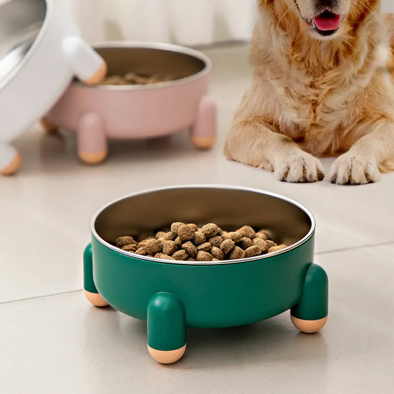 Green non-slip stainless steel pet bowl with a raised high foot design for dogs and cats