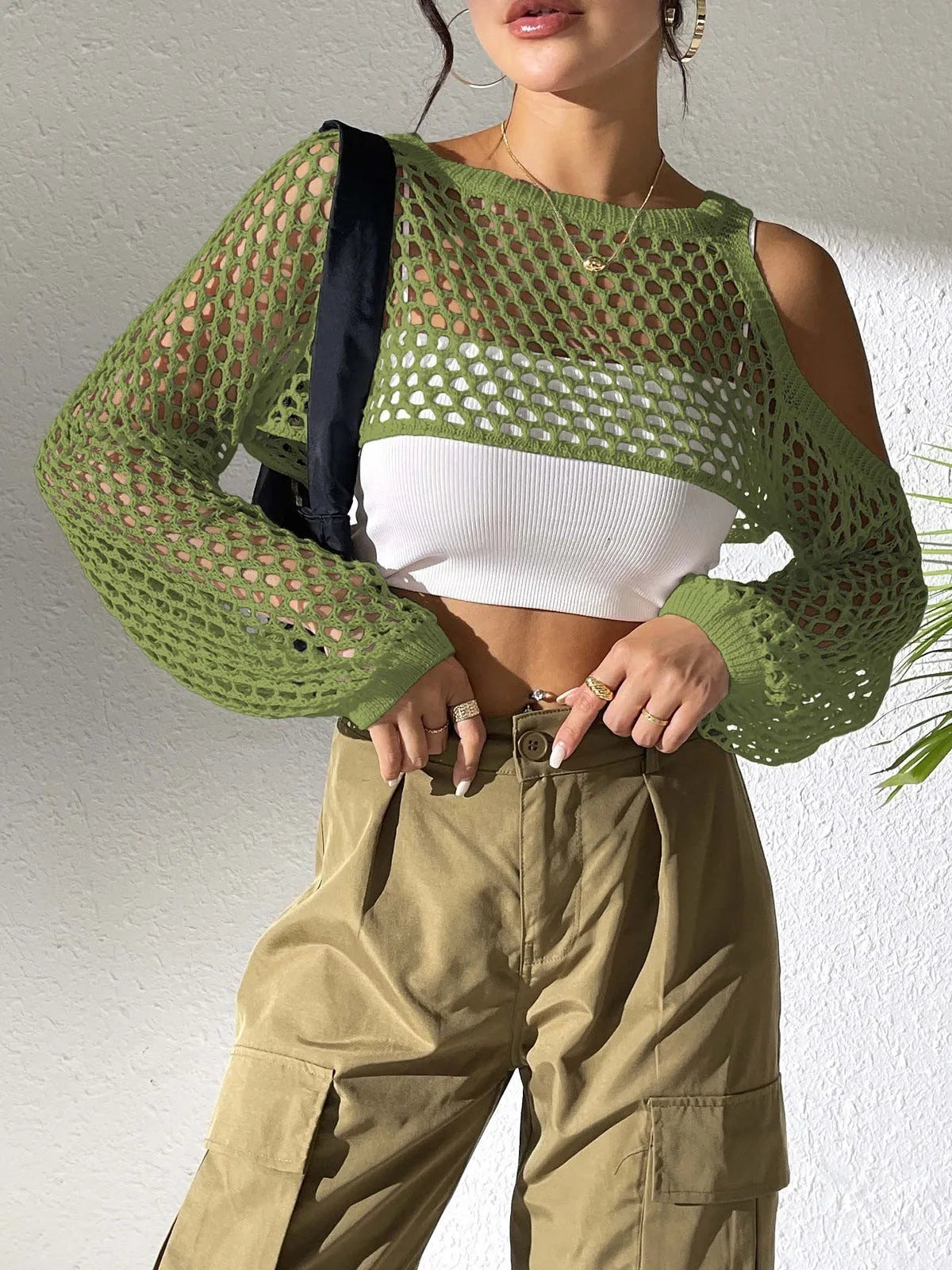 Sexy navel hollowed mesh beach shirt for couples in army green colour