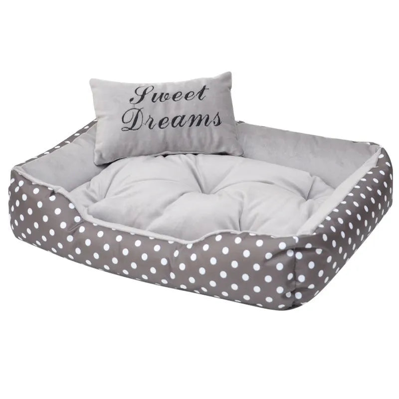 Printed four seasons pet bed for small dogs with square pillow in polka dot pattern