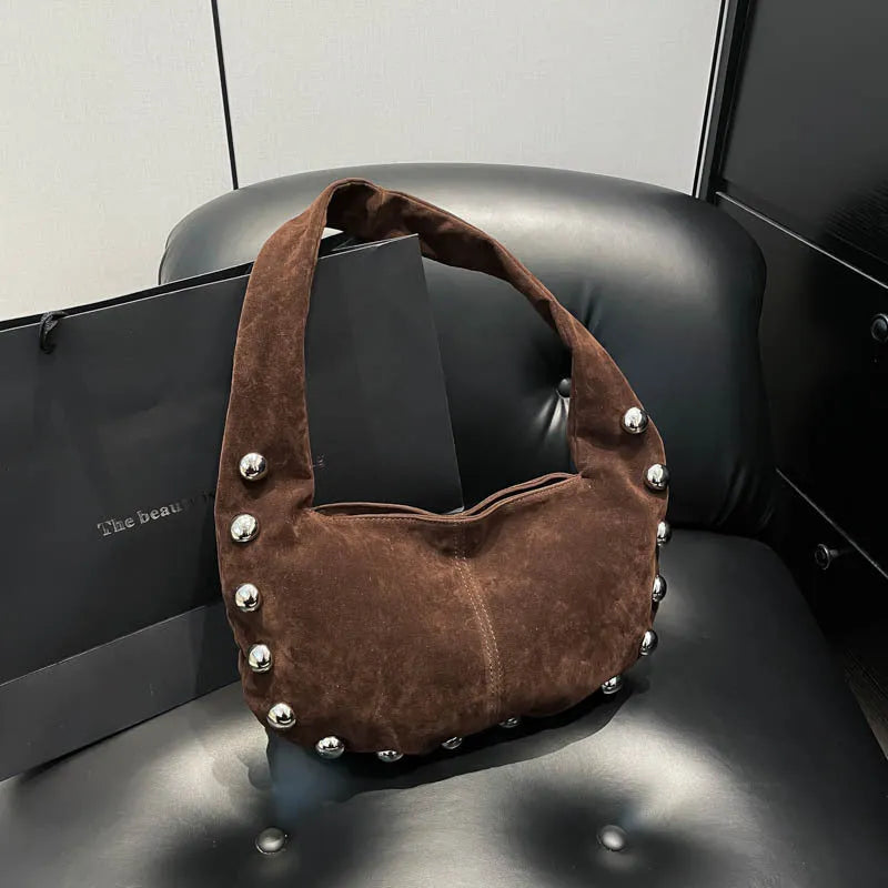 European and American style suede rivet underarm handbag in coffee colour with stitching and contrast detail