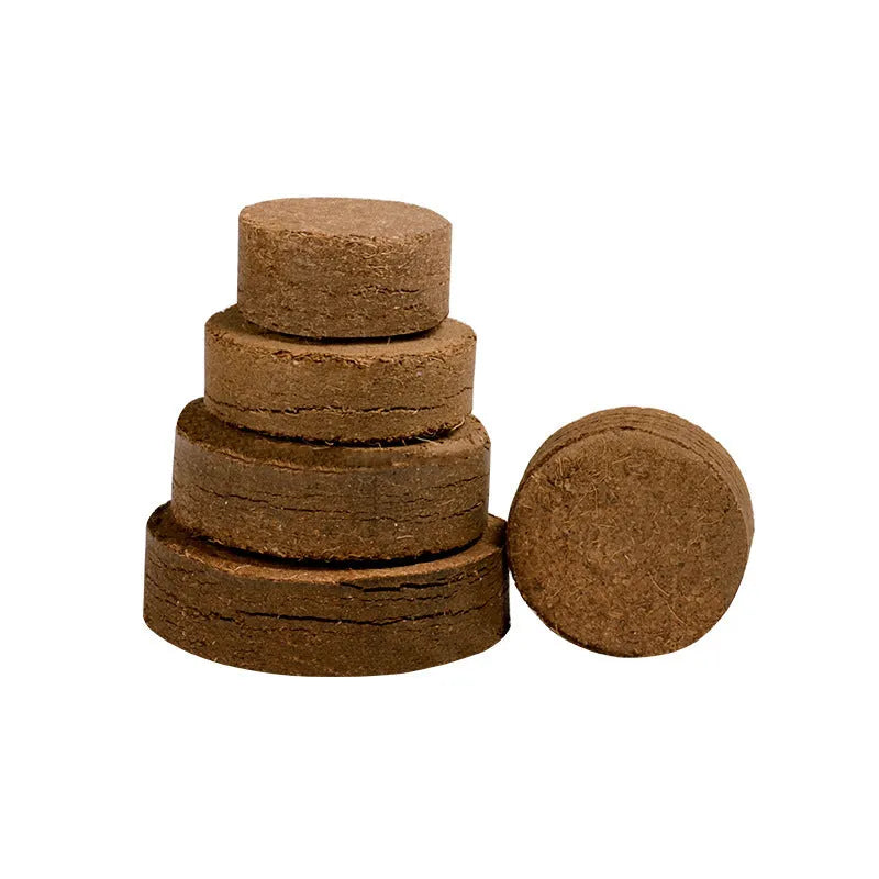 Compressed nutrient soil blocks for vegetable planting with various size specifications displayed
