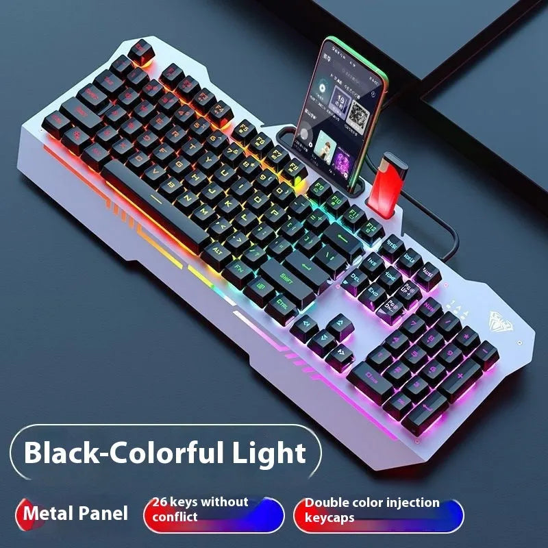 Black and white wired mechanical-feeling keyboard mouse headset bundles with RGB or blue backlighting