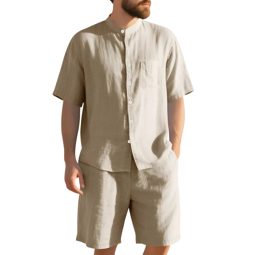 Men's linen blend summer suit with Henry collar, short sleeves and matching shorts in army green