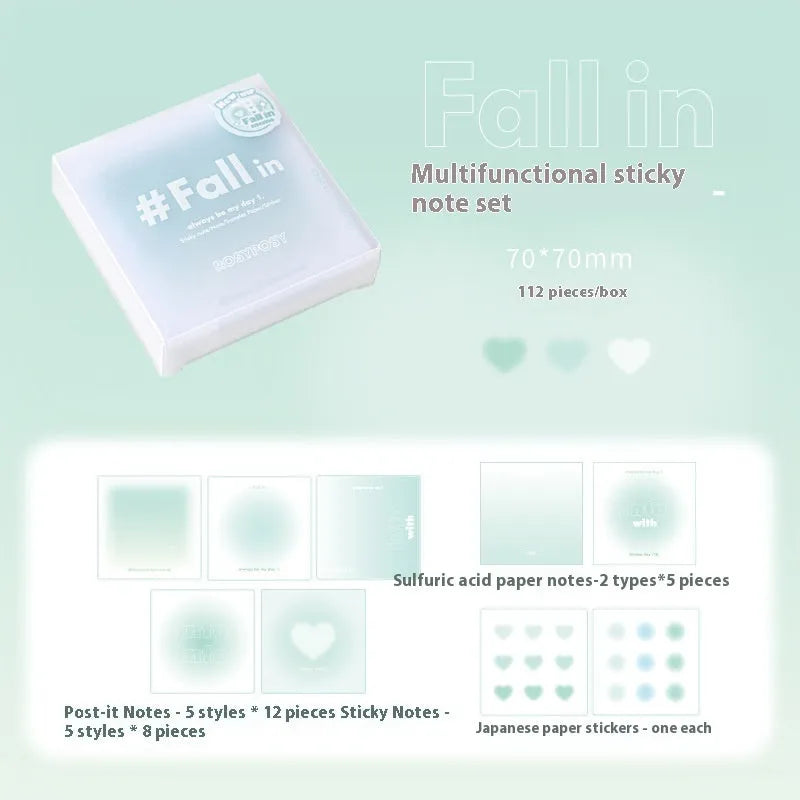 Square 70mm multifunctional notepad with blush, blue, green, and purple colour options showing sticky notes, note paper, and parchment sheets.