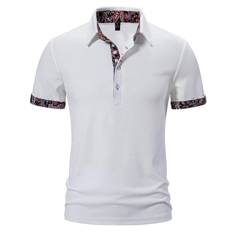 Men's navy blue polo shirt with a turnover collar featuring white contrast stitching and short sleeves.