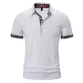 Men's navy blue polo shirt with a turnover collar featuring white contrast stitching and short sleeves.