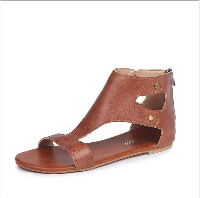 Flat sandals for women, artificial PU upper, round toe, flat heel, available in beige