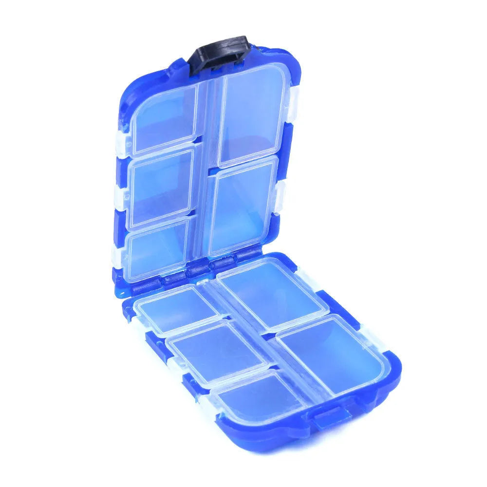 Plastic fishing tackle storage box with ten compartments in black, blue or green