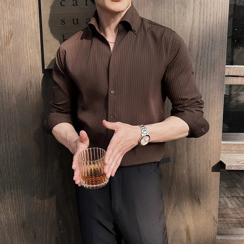 Men's dark striped V-neck long sleeve casual shirt in polyester blend fabric