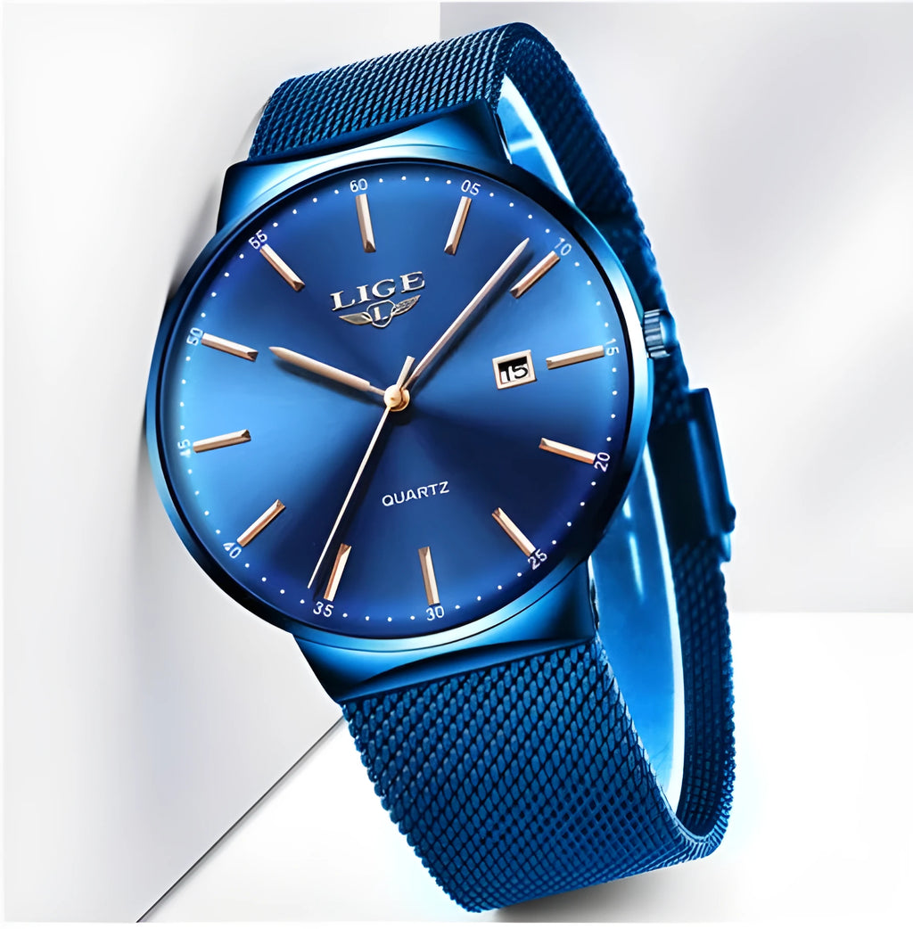 Men's stainless steel watch with 40mm dial, 10mm thin case, and black blue colour option on a light background