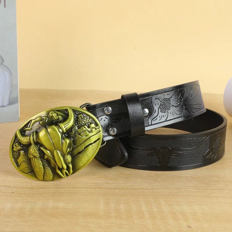Men's brown imitation leather belt with a detailed metal cow head buckle and pin clasp.