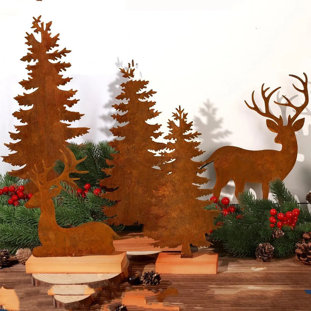 Three rusty iron Christmas decorations with elk and tree designs for rustic seasonal display